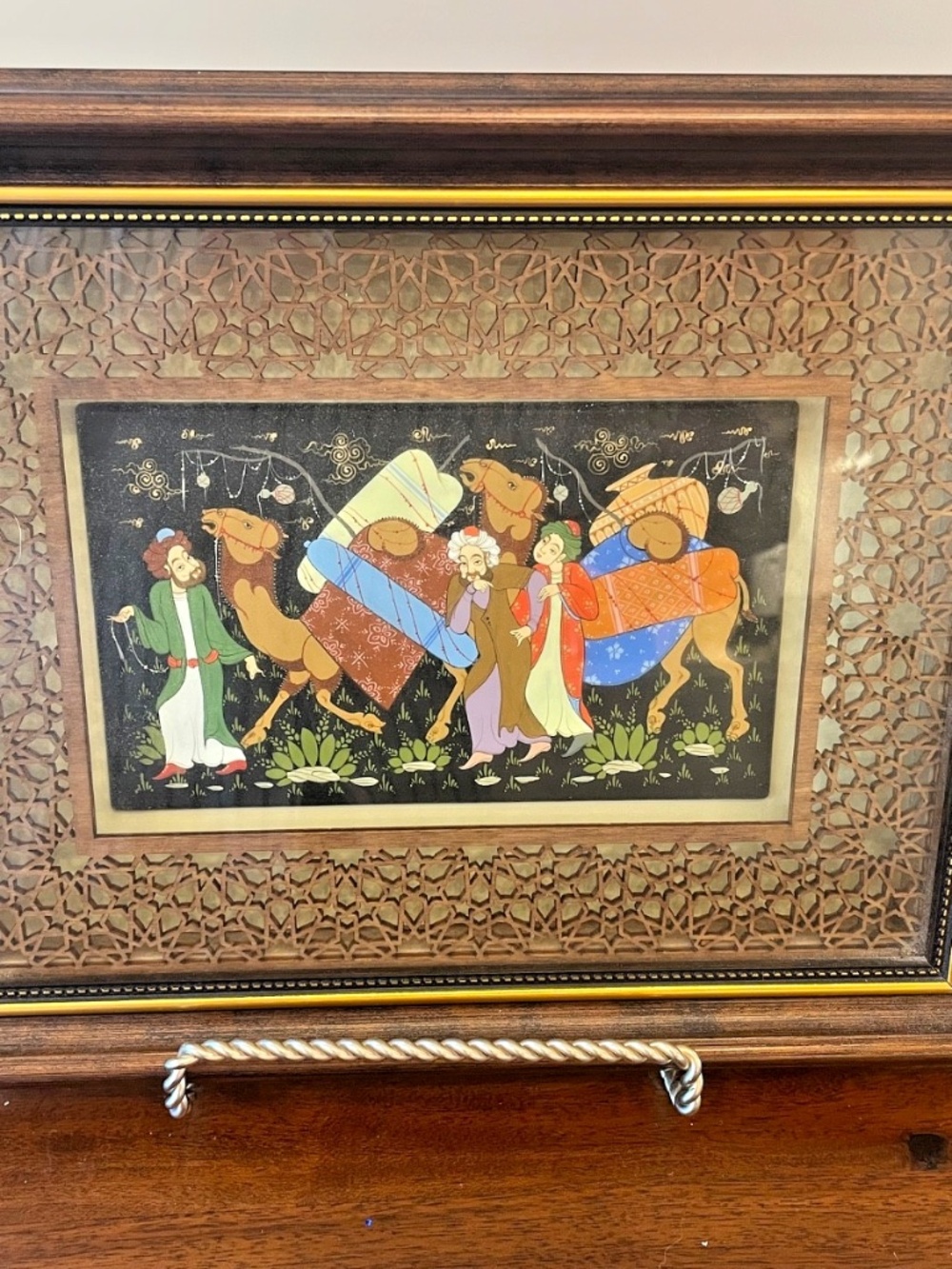 Central Asian Framed Painting with Camels in an Intricate Carved Wooden Frame